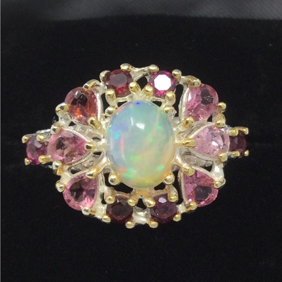 Genuine , Natural Fiery Opal & Pink Tourmalines Ring - Picture 12 of 14